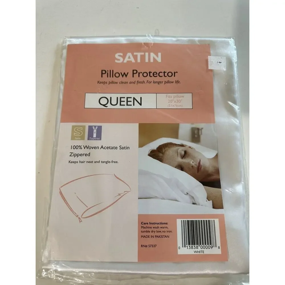 Satin Pillow Protector Queen Size‎ White Sateen 100% Woven Zippered 20”x30”